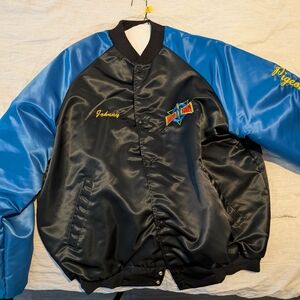 Blue and Black Nylon Bomber Jacket